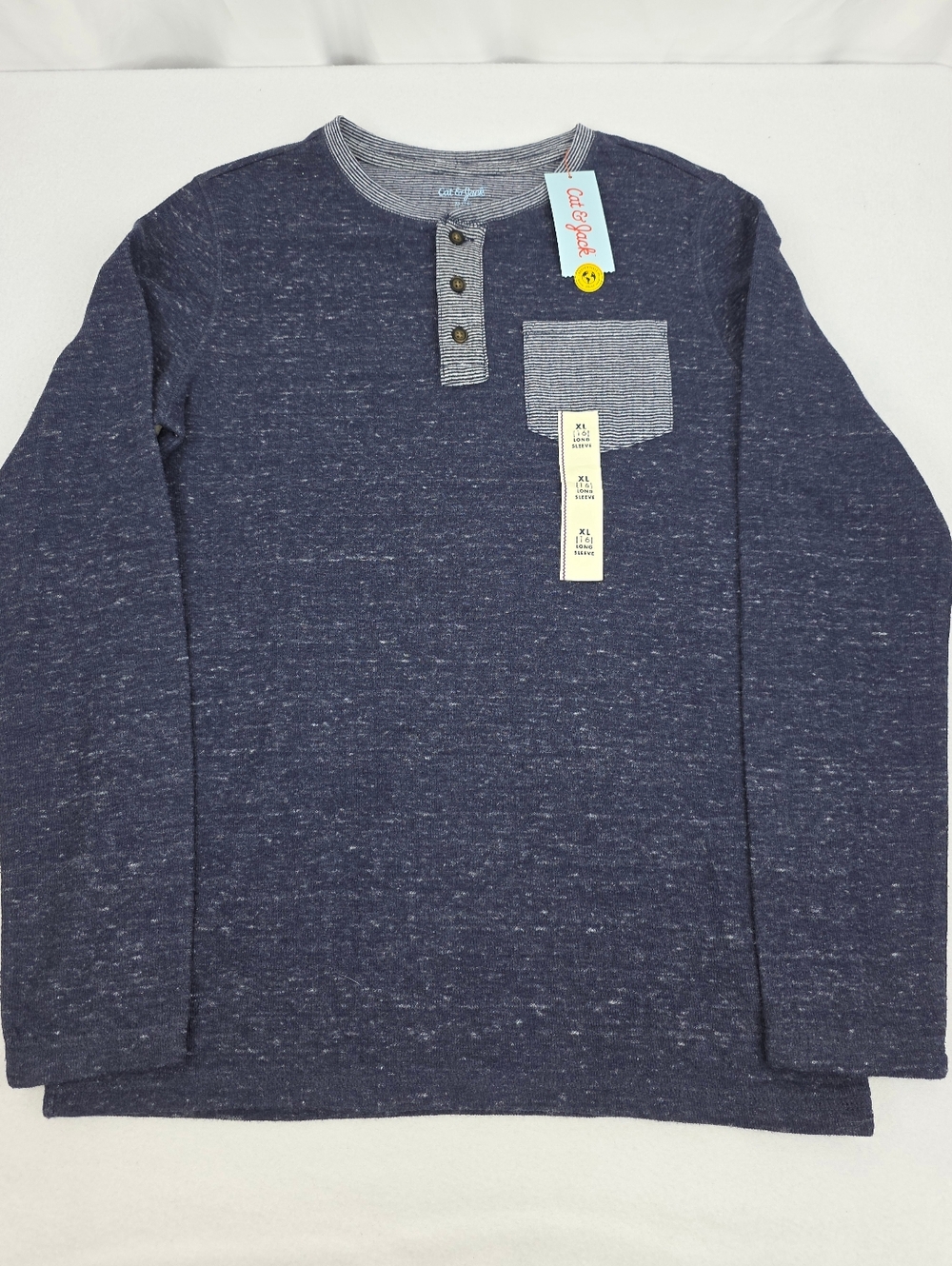 Cat & Jack Boy's Navy Heathered Henley Stripe Pocket Size XL (16) NWT AR-3502